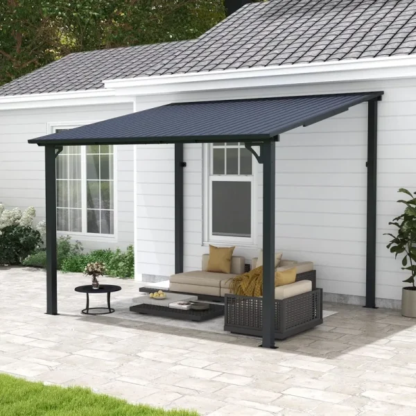 8' x 10' Outdoor Pergola Gazebo, Lean to Awnings Gazebos, Heavy Duty Hard Top Metal Pergola with Roof, for Patio, Backyard, Decks, Poolside