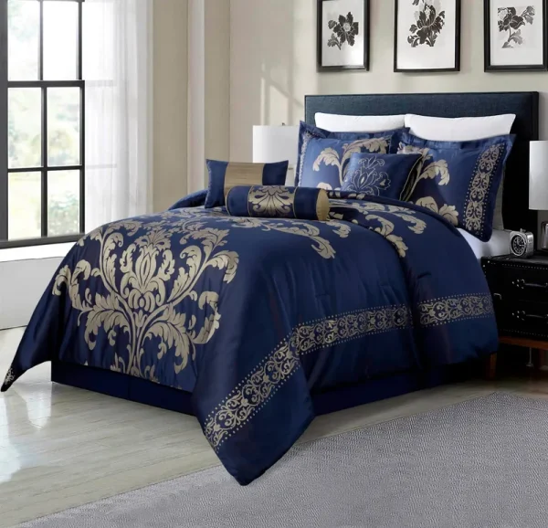 Chezmoi Collection 7-Piece Jacquard Floral Comforter Set (California King, Navy/Gold)