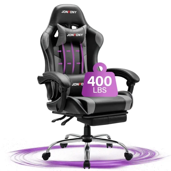JONPONY Big and Tall Gaming Chair, Ergonomic Design, Gamer Chair PU Leather with Footrest and Lumbar Support, High Back Office Chair Support 8 Hours Long Sitting, Computer Chair, Black Grey