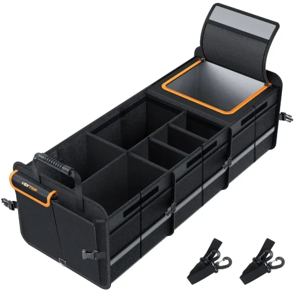 HEYTRIP Large Trunk Organizer with Built-In Leakproof Cooler Bag, 2 Tie-Down Straps, 4 Removable Dividers, Foldable Cover, Built with 2mm PE Board