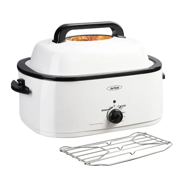 24 Quart White Roaster Oven with High Dome Self-Basting Lid & Removable Pan, Size: 24 qt