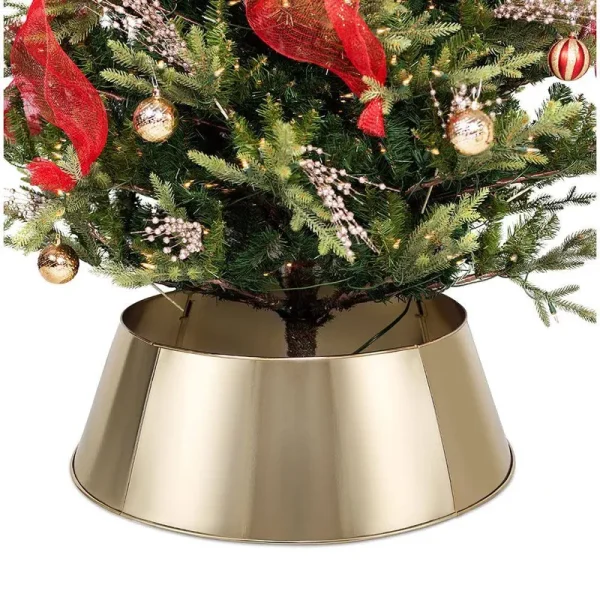Birdrock Home 4-Panel Christmas Tree Collar - Metal Holiday Skirt Decor - Water Base Protection from Pets (Soft Gold)