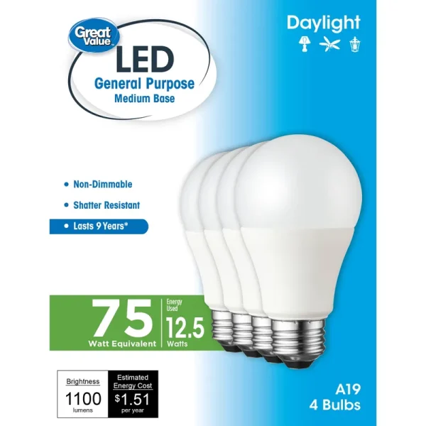 Great Value LED Light Bulb, 12.5 Watts (75W Equivalent) A19 General Purpose E26 Medium Base, Non-Dimmable, Daylight, 4-Pack