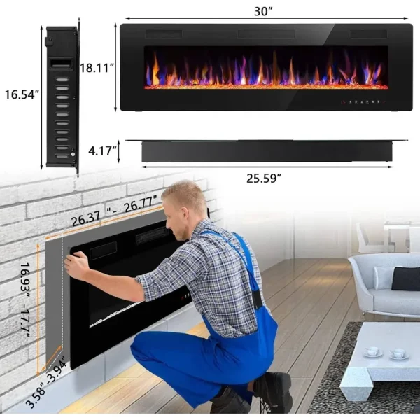 Bossin 36 to 72 inch Electric Fireplace Ultra-Thin and Silence Linear Recessed Wall Mounted Fireplace with Remote Control 30*18.11*4 Inches Glossy