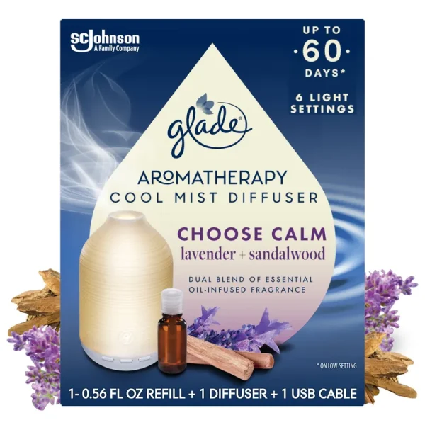 Glade Aromatherapy Diffuser & Essential Oil - Choose Calm Scent with Notes of Lavender & Sandalwood, 0.56 fl oz