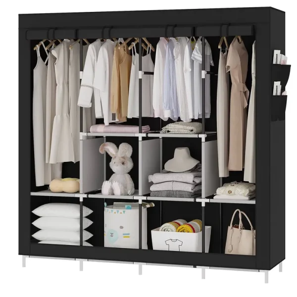 UDEAR Portable Closet Large Wardrobe Closet Clothes Organizer with 6 Storage Shelves, 4 Hanging Sections 4 Side Pockets,Black