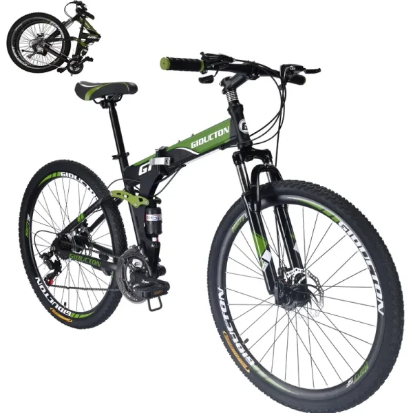 Eurobike 27.5" Full Suspension Folding Mountain Bike Foldable Frame Bicycle Disc Brakes Men or Women Bikes for Afults Green