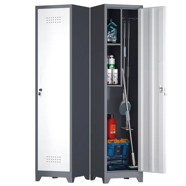 Marcree 65" H Slim Broom Storage Cabinet, Metal Broom Closet with Shelves and Hanging Rod, Utility Cabinet for Brooms and Mops, Tall Cleaning Storage Cabinet for Kitchen, Pantry, Office, Shop, Garage
