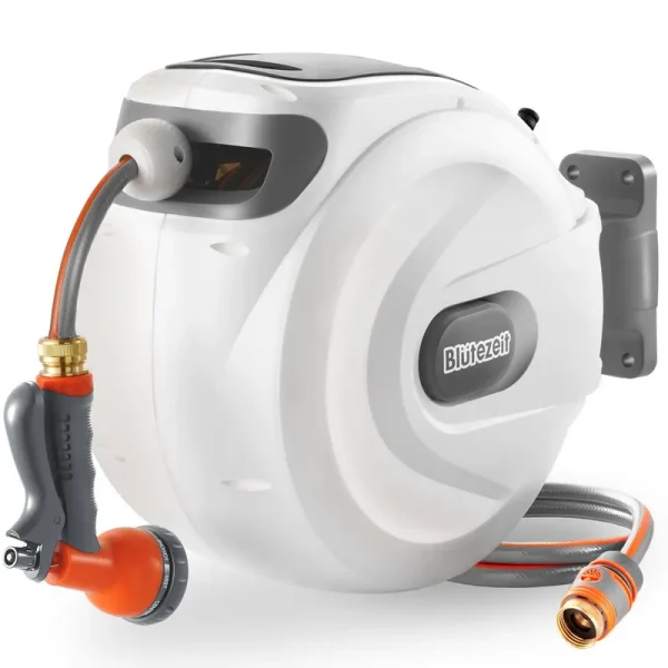 Bl��tezeit Retractable Garden Hose Reel, 1/2'' x 100FT+6FT Wall Mount Water Hose Reel, 8 Function Hose Nozzle, Any Length Lock, 180�� Swivel Bracket,