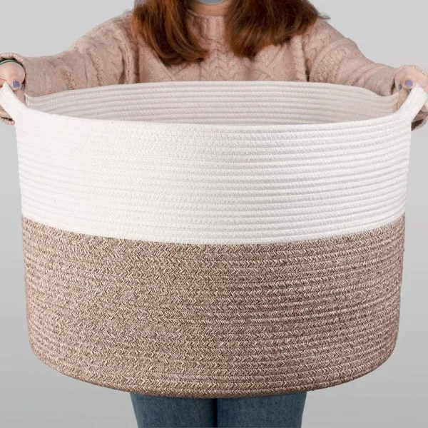 INDRESSME XXXLarge Cotton Rope Basket 21.7 inch x 21.7 inch x 13.8 inch Woven Baby Laundry Blanket Basket Toy Basket with Handle Storage Comforter