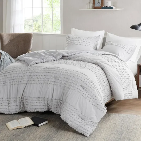 Comfort Spaces Cotton Comforter Set Jacquard Pom-Pom Tufts Design, Down Alternative, All Season Modern Bedding, Matching Shams, Full/Queen, Phillips