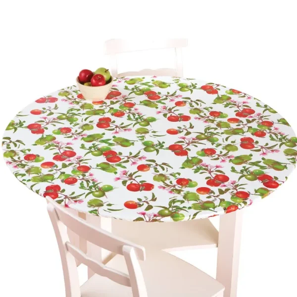 Collections Etc Fitted Elastic No-Slip Fit Table Cover with Soft Flannel Backing, Apples, Round