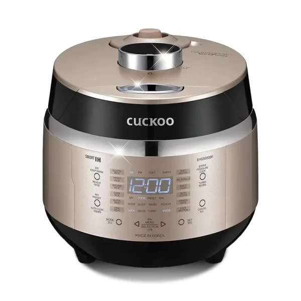 Cuckoo 3 Cup Dry Induction Heating Pressure Rice Cooker with Micom Logic Tech, Nonstick Pot, Warmer, 16 Menu Modes and Voice Guide in Gold (CRP - EHSS0309FG)