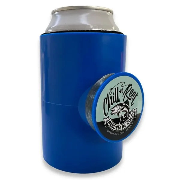 Chill-N-Reel Fishing Can Cooler (from Shark Tank) with Attached Hand Line Reel (Blue)