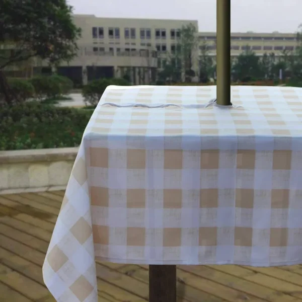 Melaluxe Spring/Summer Wrinkle-Free Waterproof Outdoor Tablecloth with Umbrella Hole and Zipper, Beige Checkered, 60 inch Square