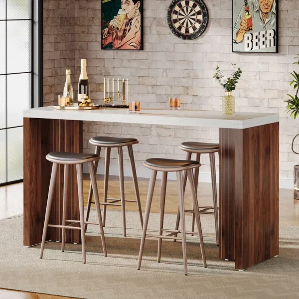 Tribesigns 55.12 - Inch Bar Table, Home Bar Unit with a Faux Marble Finished Tabletop, Modern Freestanding Mini Bar for Home Kitchen, Living Room, Balcony, Basement, Walnut & White