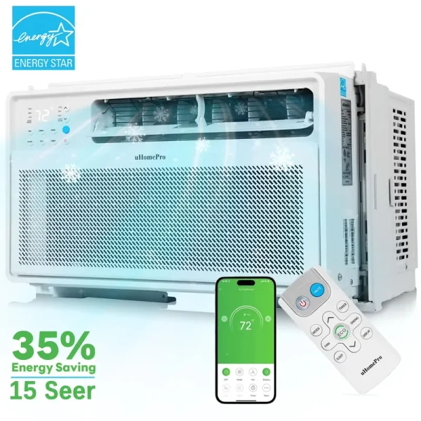 UHOMEPRO 8000 BTU Window Air Conditioner, 15 - CEER Energy Efficient Window Air Conditioners, 35% Energy Saving, 42db Super Quiet, Smart Inverter AC Window Unit, Fast Cooling, Easy Install