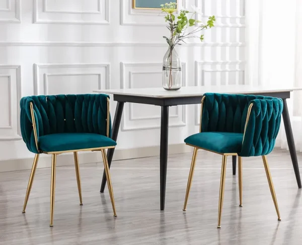 Guyou Velvet Dining Chair Set of 2, Modern Upholstered Accent Side Chair with Woven Back and Metal Legs, Vanity Chair Kitchen Chair for Living Room Dining Room Bedroom, Teal Green