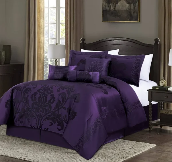 Chezmoi Collection Royale 7-Piece Jacquard Floral Comforter Set, Full, Purple/Dark Purple
