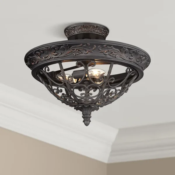 Franklin Iron Works French Scroll Rustic Farmhouse Ceiling Light Semi Flush Mount Fixture 16 1/2" Wide Rubbed Bronze 3 - Light for Bedroom Kitchen House