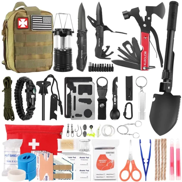 Kleclcw Survival Kit, 160 Pcs Emergency Supplies Camping Accessories with Upgraded Molle Bag, Gifts for Men Outdoor Adventure Camping Hiking Hunting (