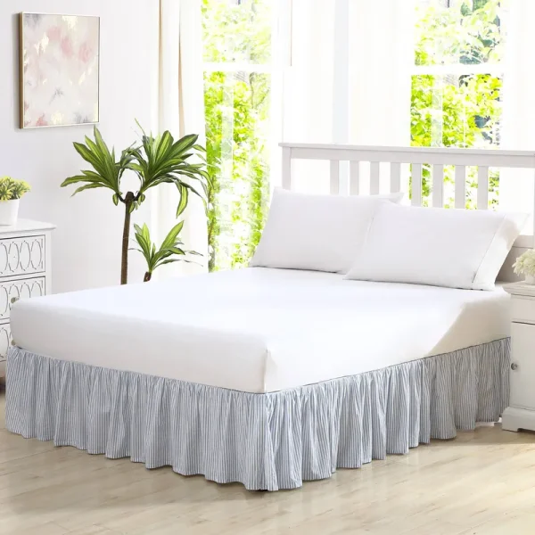 Laura Ashley Ticking Stripe Ruffled Bedskirt, Queen - Blue