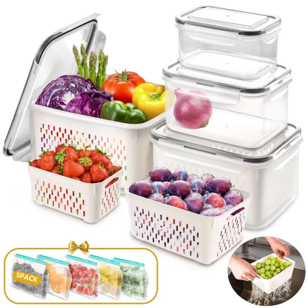 AOSION 8 Pieces Fruit Storage Containers for Fridge, Large Produce Saver Berry Lettuce Containers for Refrigerator Organizers Bins with 5 Pcs Food