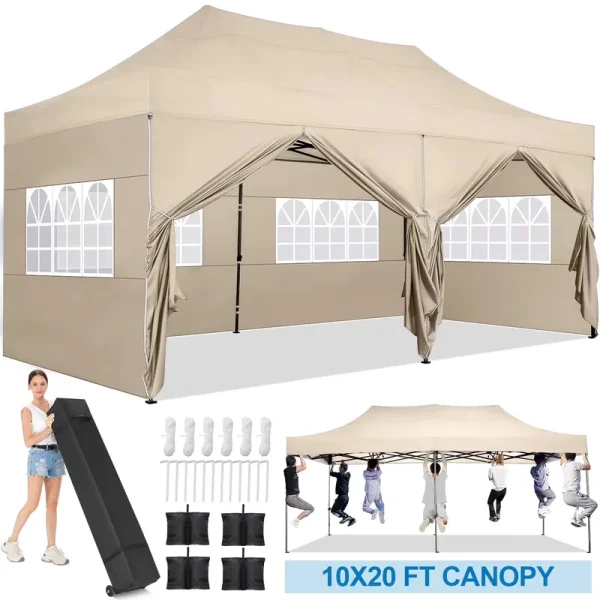 10'X20' Pop up Canopy Waterproof Folding Tent Outdoor Easy Set - up Instant Tent Heavy Duty Commercial Wedding Party Shelter with 6 Removable Sidewalls, 4 Sandbags, Roller Bag, Khaki