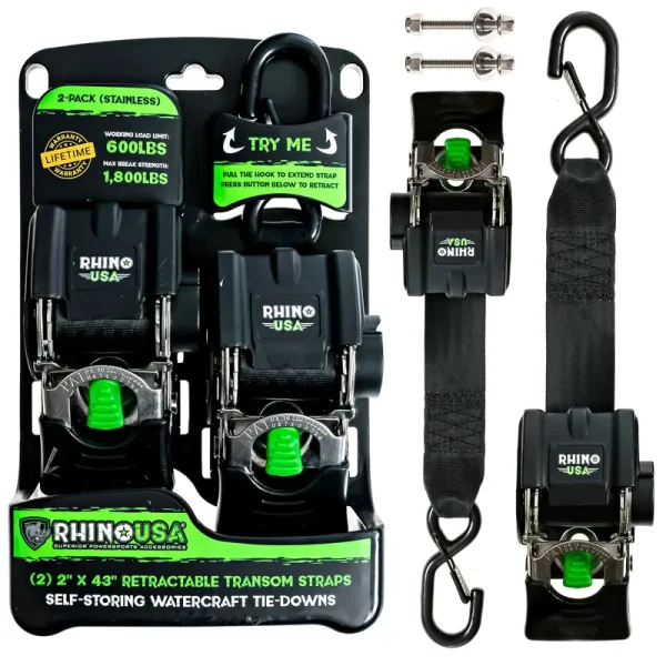 Rhino USA 2" x 43" Retractable Transom Tie-Down Straps (2-Pack)