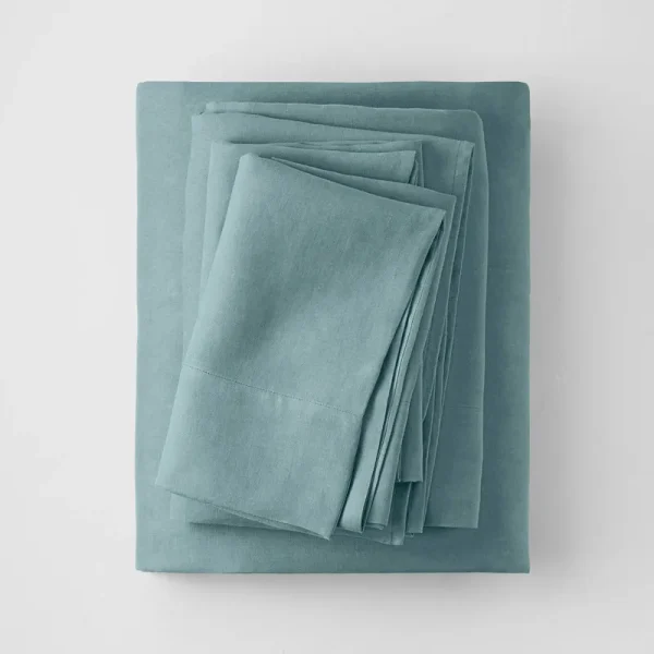 Full 100% Washed Linen Solid Sheet Set Light Teal - Casaluna
