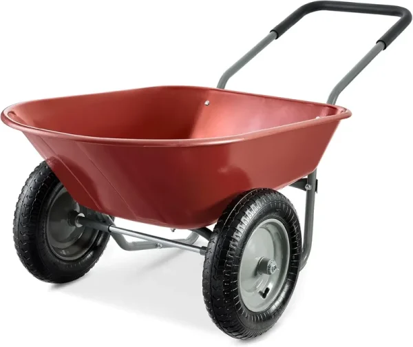 ZMMOO Dual - Wheel Home Utility Yard Wheelbarrow Garden Cart W/Built - in Stand for Lawn, Gardening, Construction - Red
