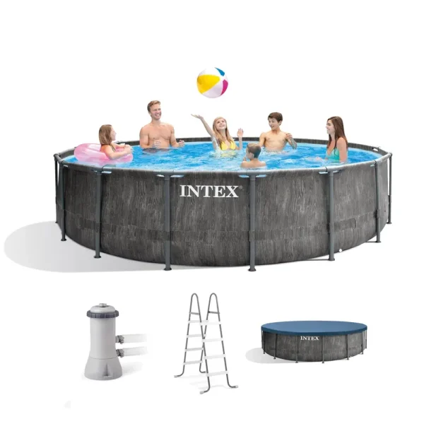 Intex Greywood Prism Frame 15'X48" Round Above Ground Outdoor Swimming Pool Set