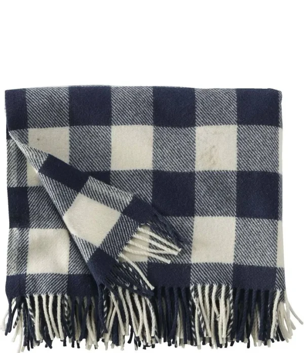 L.L.Bean Washable Wool Buffalo Check Plaid Throw - Cream/Indigo