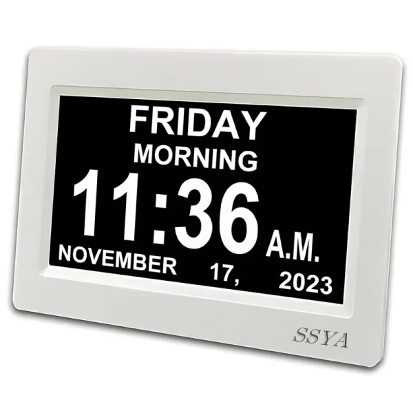 Ssya Digital Calendar Alarm Day Clock - 12 Alarm options Level 5 Auto Dimmable Dementia Clocks for Vision Impaired Elderly Memory Loss Clock with Non-