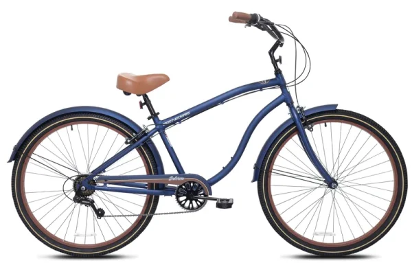 29-inch Men's Salerno Aluminum Relaxed Cruiser Bike with 7 Speeds. Navy Blue and Brown
