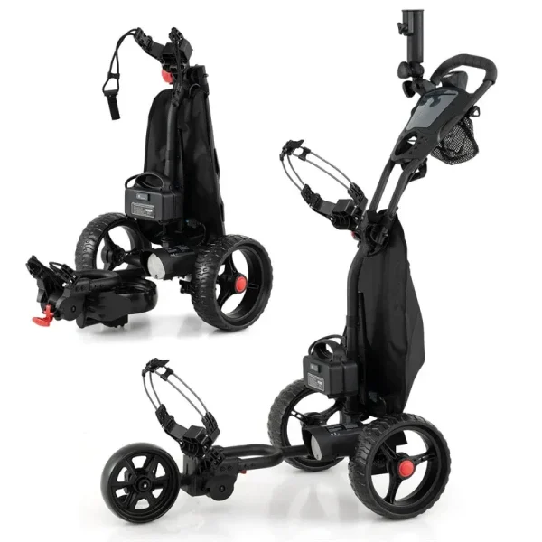 Electric Golf Push Cart Foldable 3-Wheel w/ Adjustable Handle, 9 Speed Settings, 18 Hole Battery, Umbrella Holder, Drink Holder, Cooler Bag & USB Port