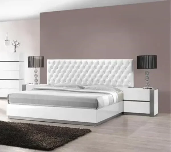 3 - Piece Modern Bedroom Furniture Set, California King Platform Bed with 2x Nightstand, White Lacquer Finish