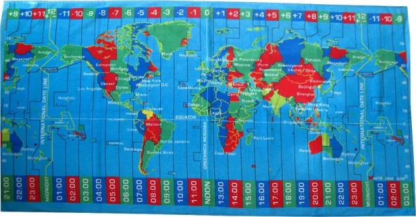 World Time Zones Caribbean Blue Color Velour Beach Towel 30x60 Inches