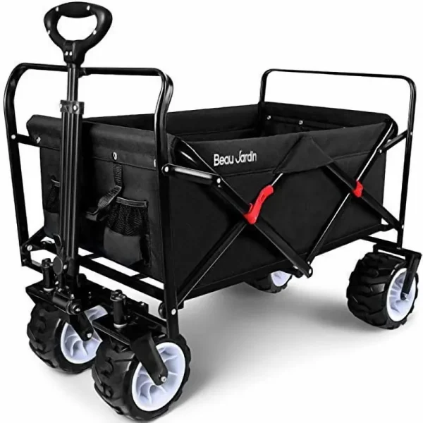 BEAU JARDIN Collapsible Folding Wagon 300 Pound Capacity Heavy Duty Foldable Beach Wagon Cart Grocery Utility Wagon for Garden Sports Shopping Outdoor All-Terrain Wheel Portable Black