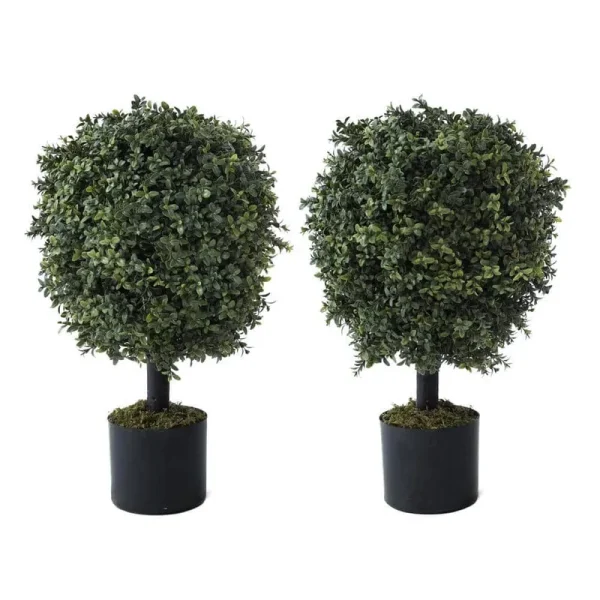 CAPHAUS Artificial Boxwood Topiary Ball Tree Set of 2, Artificial UV Resistant Bushes, Faux Potted Tree, Plant in Pot with Dried Moss, Fake Shrubs for