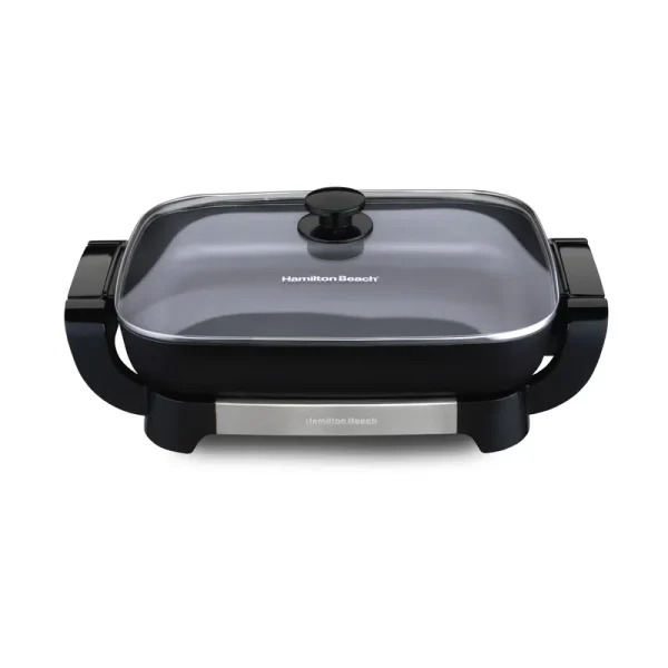 Hamilton Beach Electric Skillet with Lid, 12" x 15" Ceramic Cooking Surface, Reversible Pan, Grey