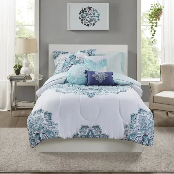 Mainstays Teal Medallion 10-Piece Bed in A Bag Comforter Set with Sheets, King