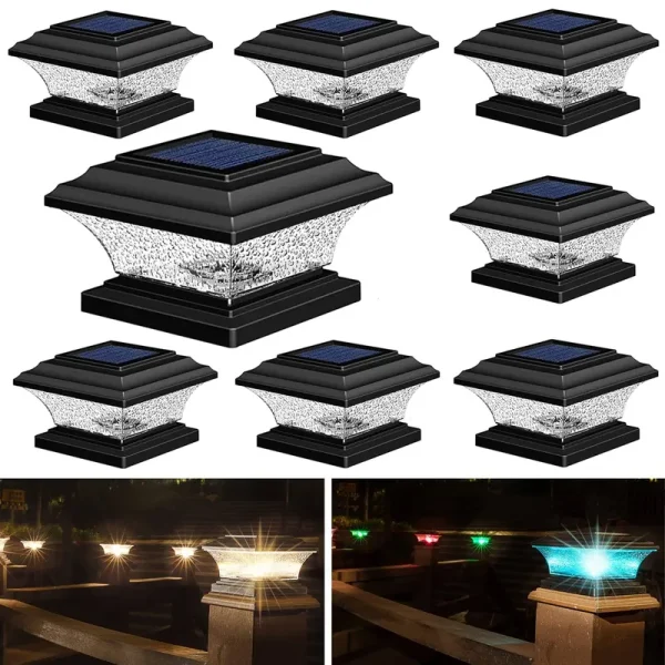 HUYIENO Solar Post Cap Lights Outdoor LED Lighting Deck Fence Cap Light Two Light Modes Warm White/7 RGB Color Changing LED Suitable for 4x4 5x5