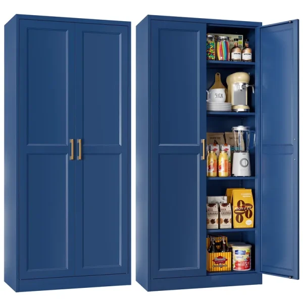 Polup 71" H Modern Metal Kitchen Pantry Storage Cabinet with Adjustable Shelves and Doors Blue