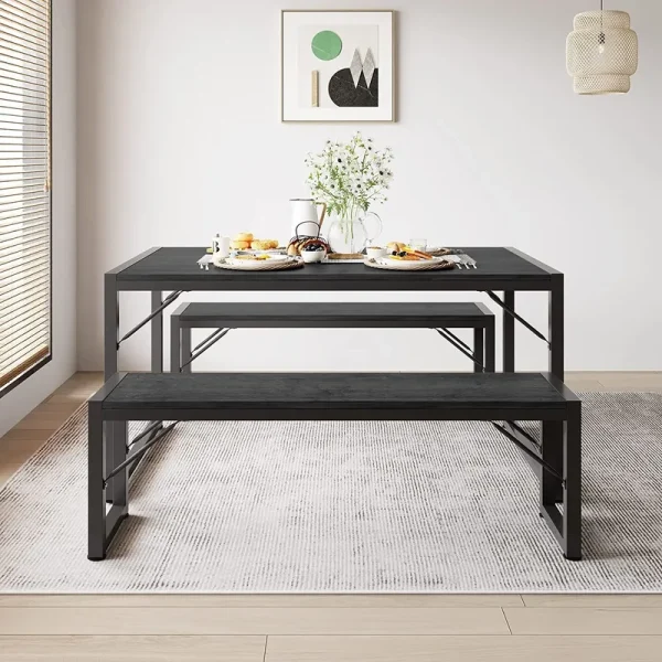 Dining Table Set for 4 People with 2 Benches, Dinette Set, 550 lb, Black