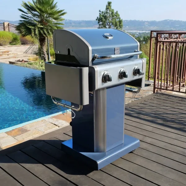 Kenmore 3-Burner Propane Gas Pedestal Grill with Foldable Side Shelves-Azure