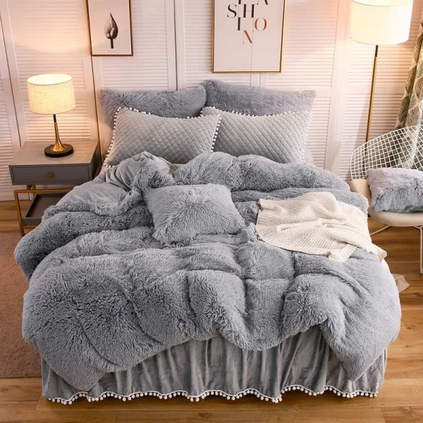 LIFEREVO Luxury Plush Shaggy Duvet Cover Set (1 Faux Fur Duvet Cover + 2 Pompoms Fringe Pillow Shams) Solid Zipper Closure (Queen Gray)