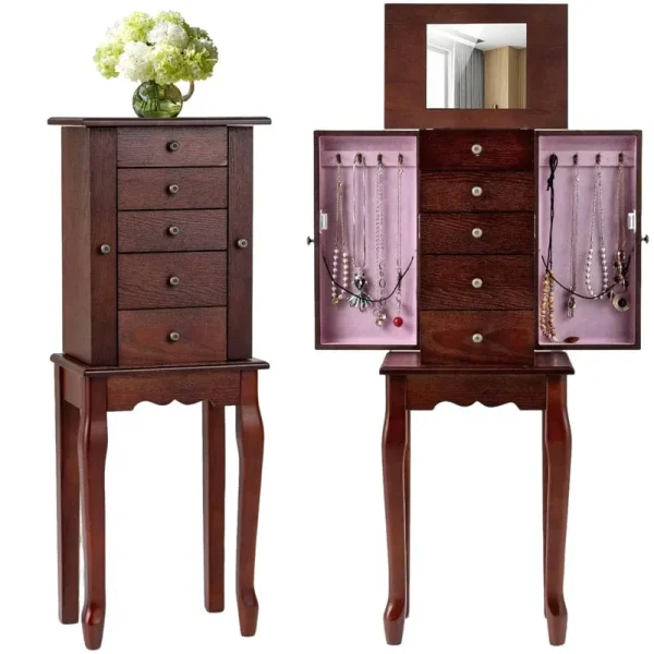 Standing Jewelry Armoire Cabinet with Flip Top Mirror, 4 Drawers, 8 Necklace Hooks & 2 Side Doors, Jewelry Storage Organizer Chest for Bedroom