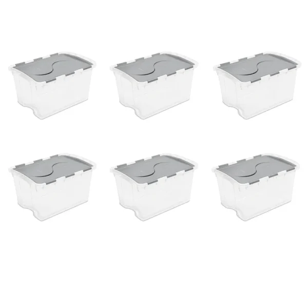 Sterilite 48 Qt. Hinged Lid Storage Box Plastic, Titanium, Set of 6