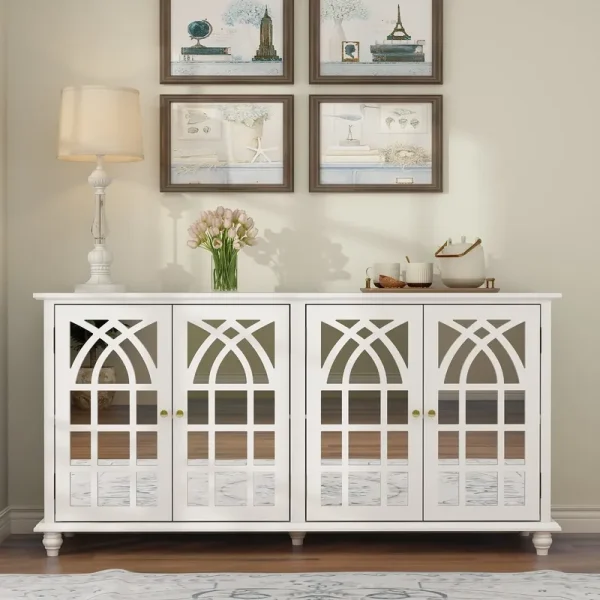 Timechee Buffet Sideboard Accent Table, Console Table Storage Cabinet with Mirror Doors, White
